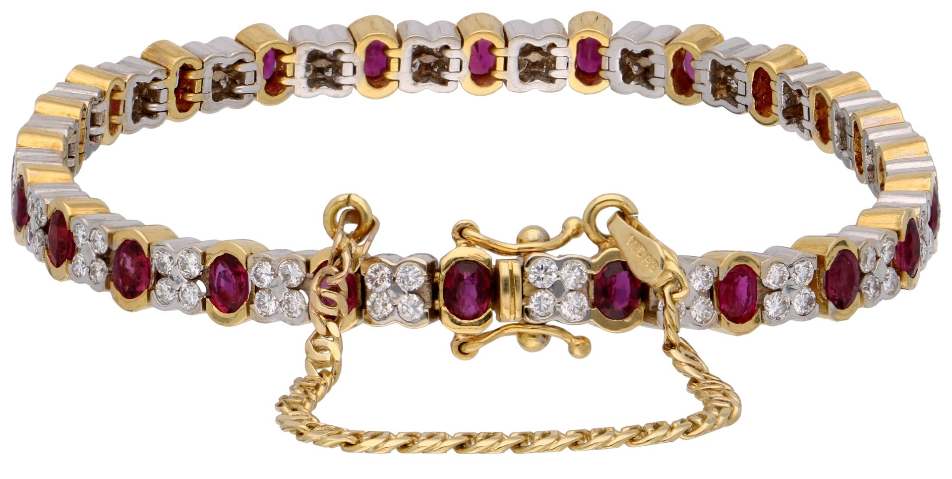 No Reserve - 14K Bicolour gold tennis bracelet with natural ruby ​​and diamond. - Image 3 of 5