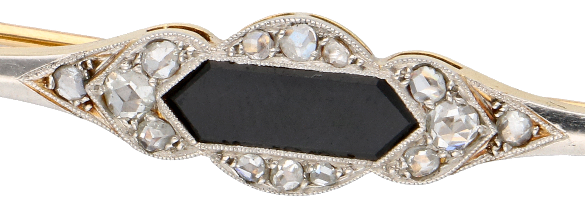 No Reserve - 14K Bicolor gold vintage brooch set with rose cut diamonds and onyx. - Image 2 of 3