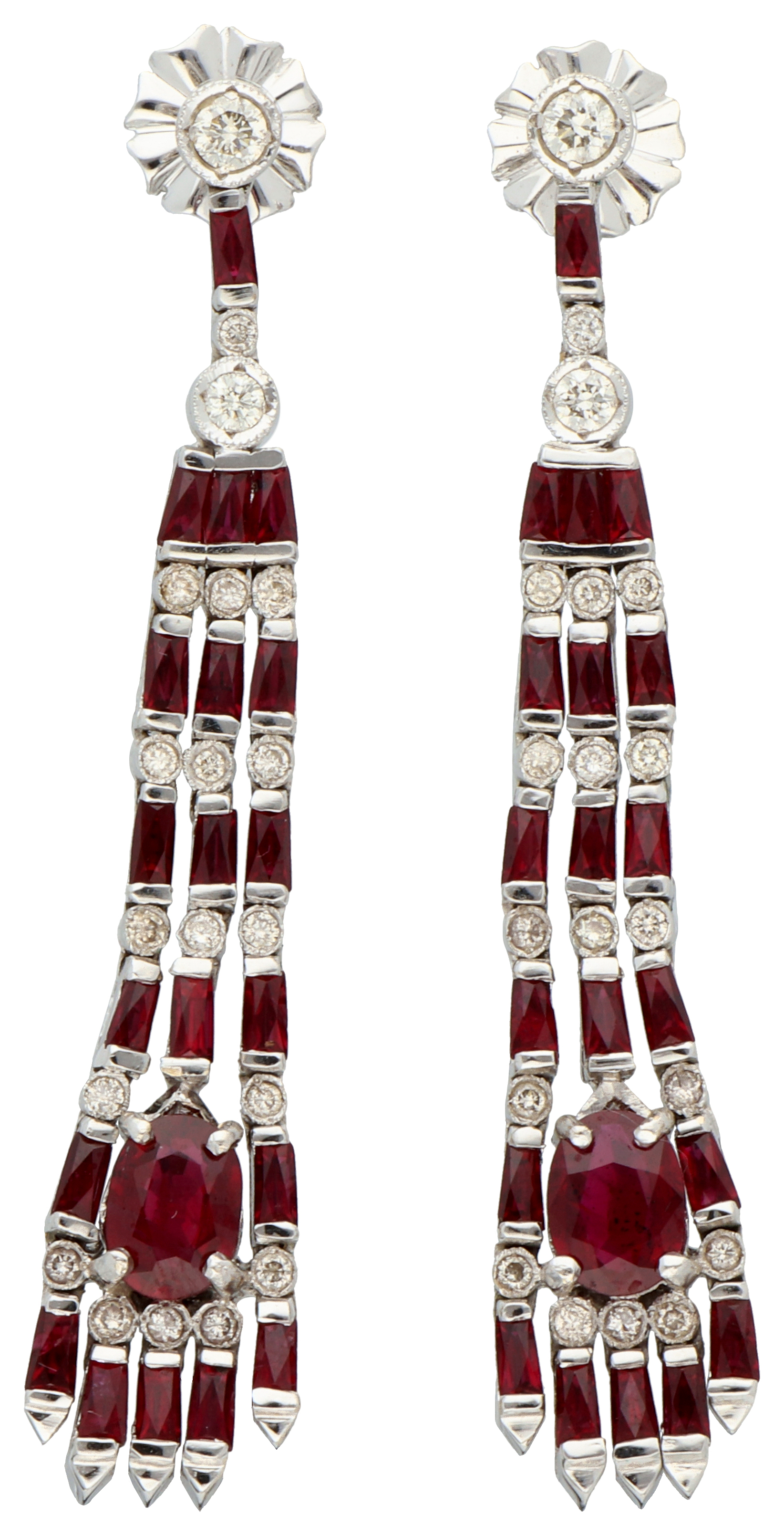 No Reserve - 18K White Gold Art Deco style earrings set with approx. 3.28 ct. natural ruby ​​and dia