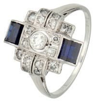 No Reserve - Platinum/golden Art Deco ring set with approx. 0.40 ct. diamond and sapphire.