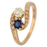 No Reserve - 14K Rose Gold Toi & Moi ring with Old Mine diamond and synthetic sapphire.