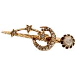 No Reserve - 14K Rose gold crescent moon brooch with diamond shooting stars.