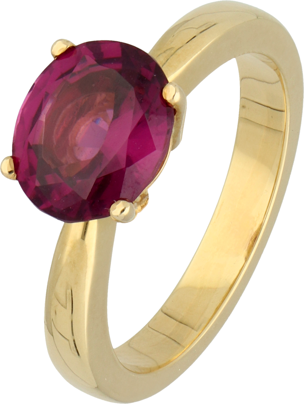 18K yellow gold solitaire ring set with approx. 3.04 ct. rhodolite.