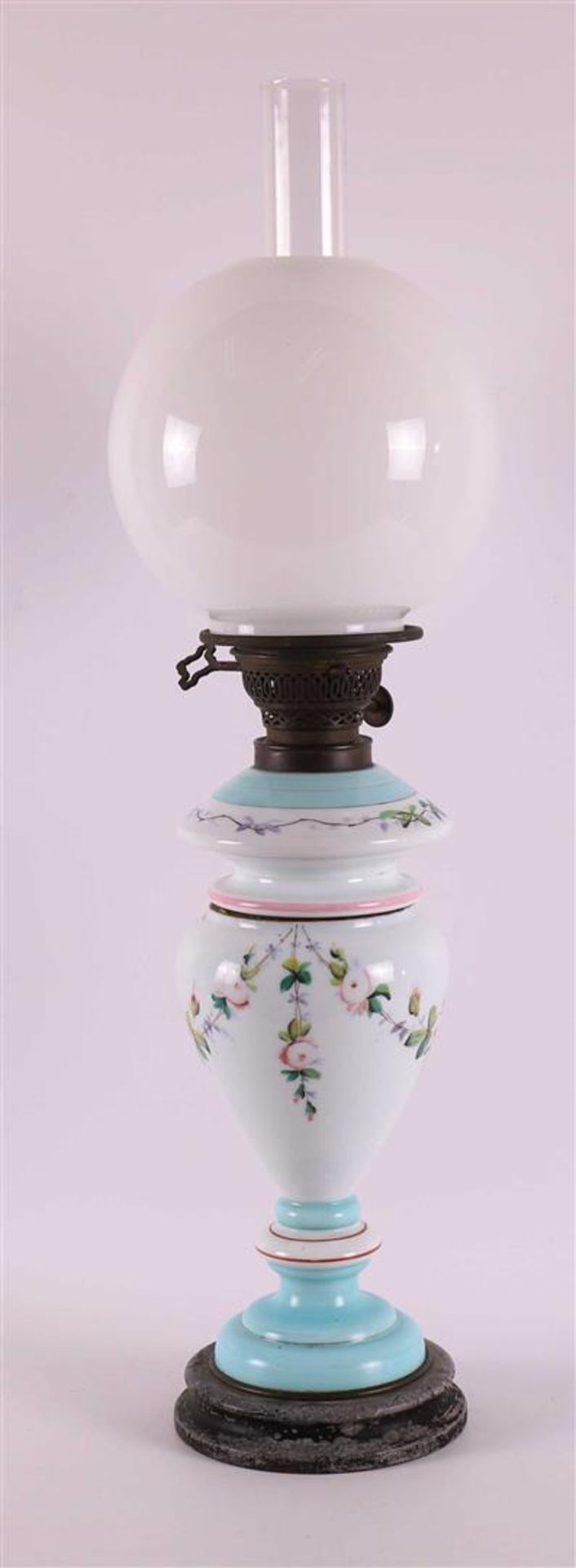 A polychrome opaline glass table oil lamp with convex glass shade, 19th century - Image 2 of 2