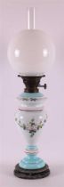 A polychrome opaline glass table oil lamp with convex glass shade, 19th century
