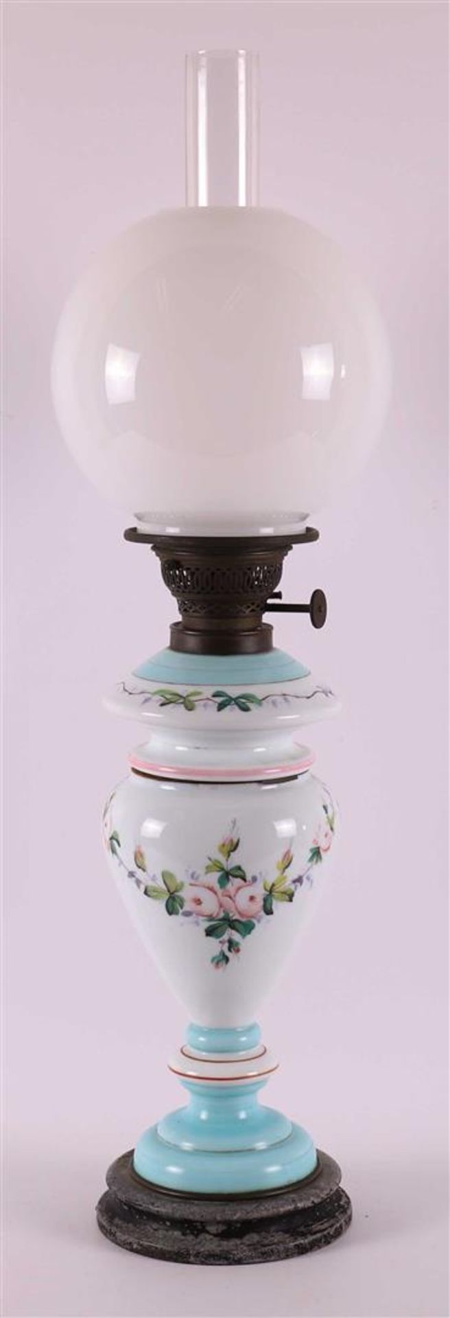 A polychrome opaline glass table oil lamp with convex glass shade, 19th century