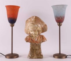 Two table lamps with glass shades + plaster cast of a girl with a hat,