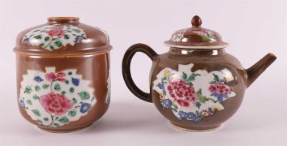 A famille rose lidded jar on a capucine base, Batavia porcelain, China