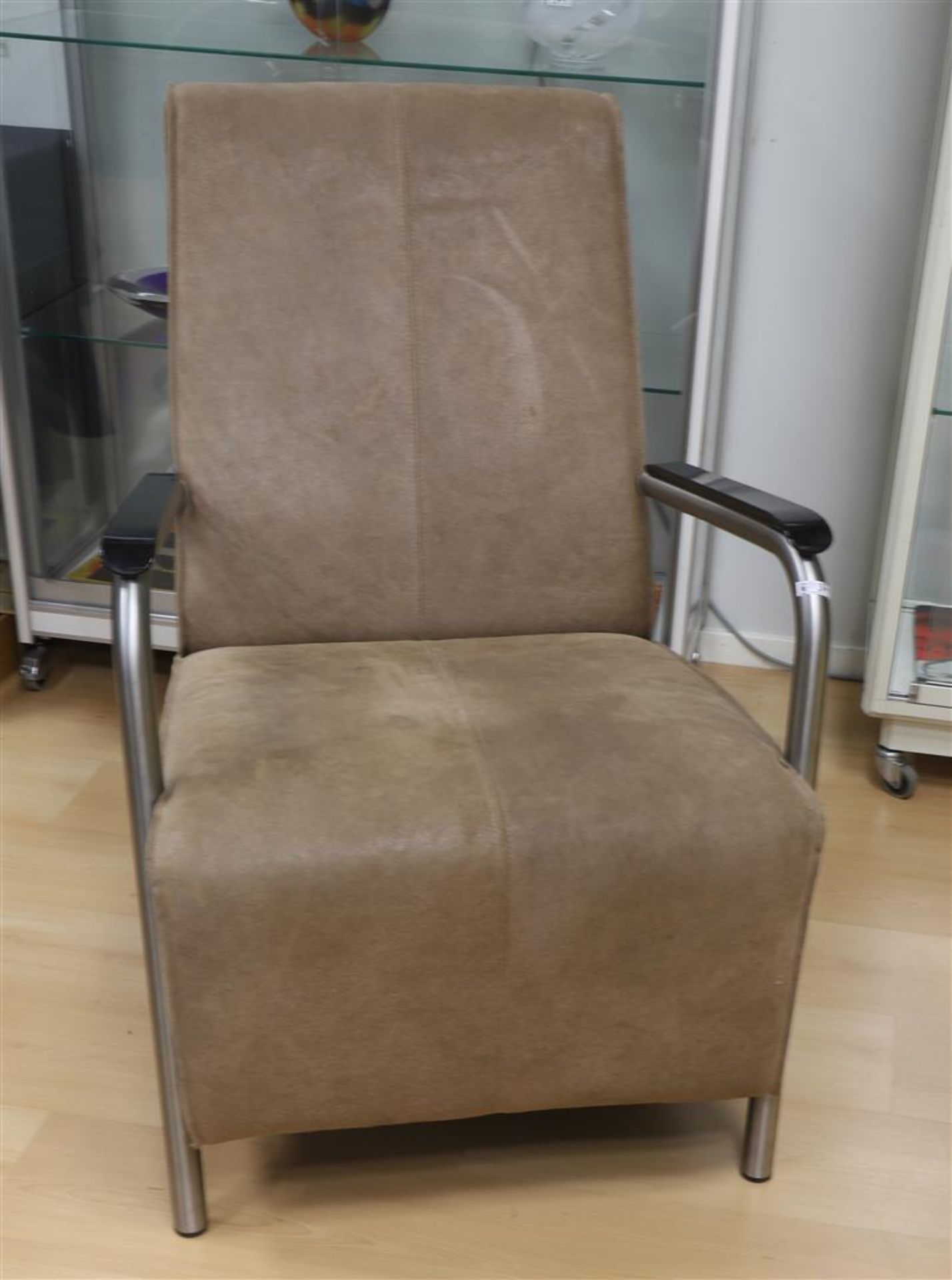 A set of beige suede armchair with chrome metal backrest, 21st century - Image 2 of 2