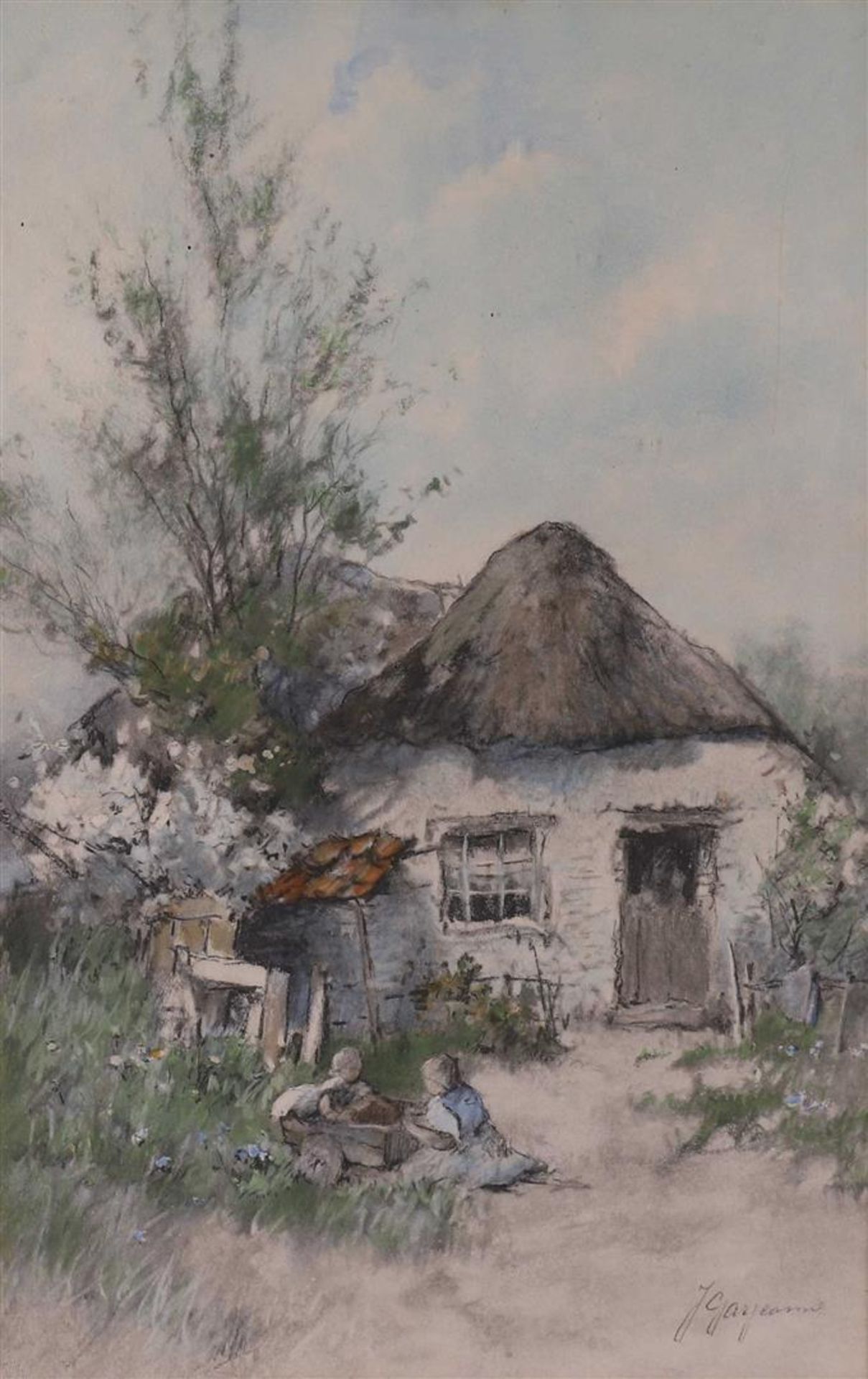 Garjeanne, Johannes Josephus (1860-1930) 'Farmhouse with playing children - Image 2 of 3