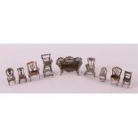 Etagere silver. Nine various chairs and a sofa, 20th century.