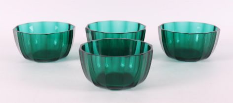 Four green glass faceted bowls, Moser, Karlsbad, around 1920