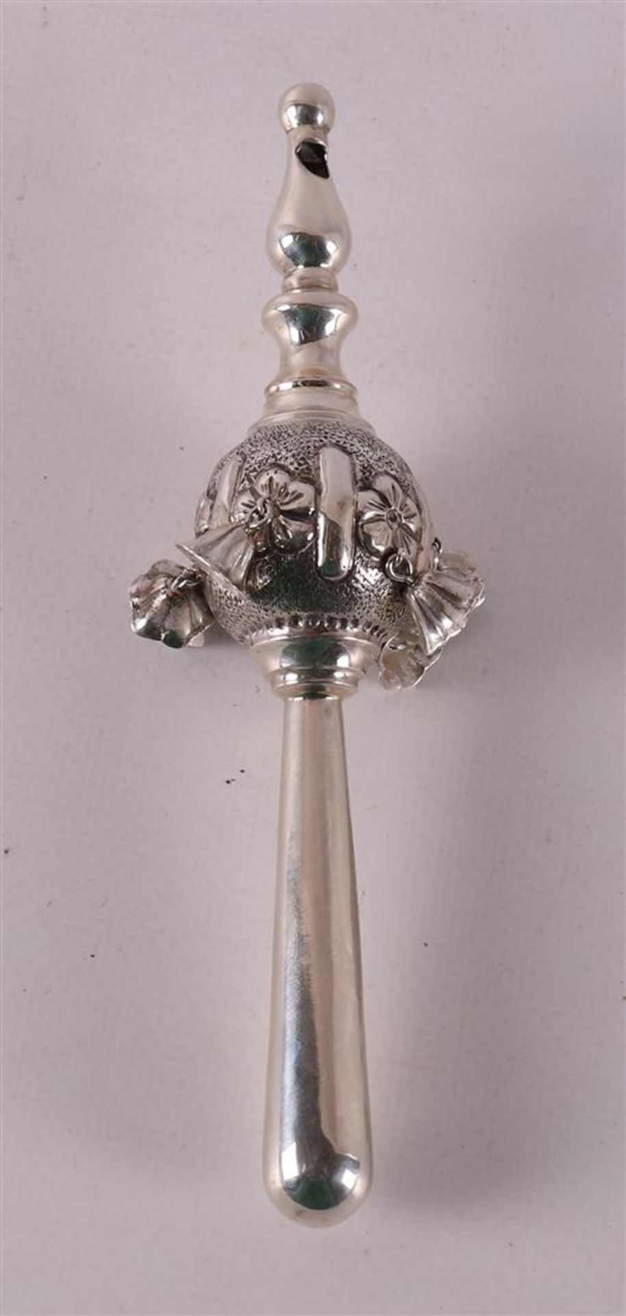 A silver rattle with whistle, 20th century.