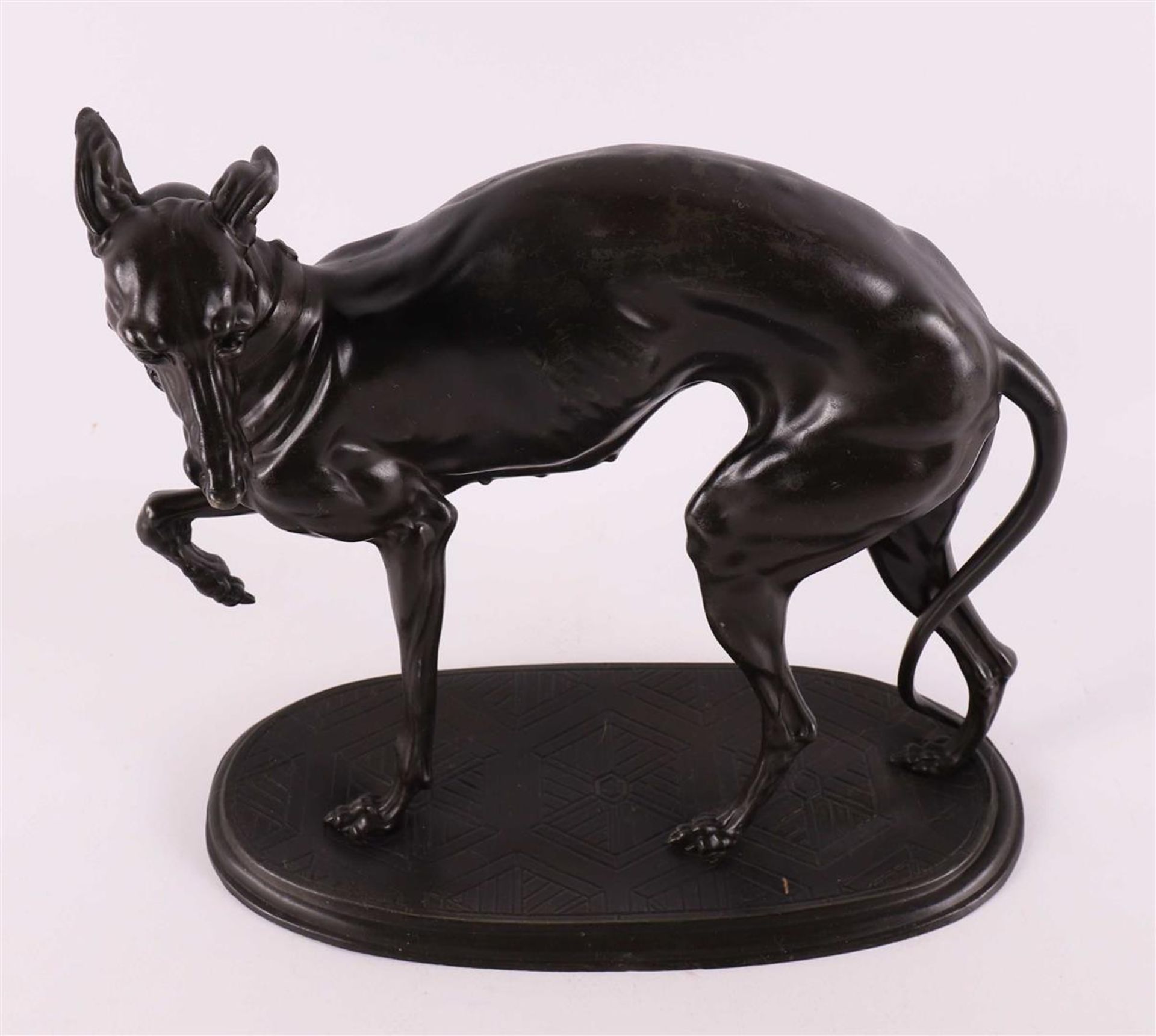 A bronzed white metal sculpture of a greyhound, circa 1900. - Image 2 of 5