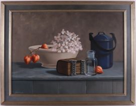 Brommer, Frans (Hoogezand 1956) 'Still life bible, hydrangea and physalis',