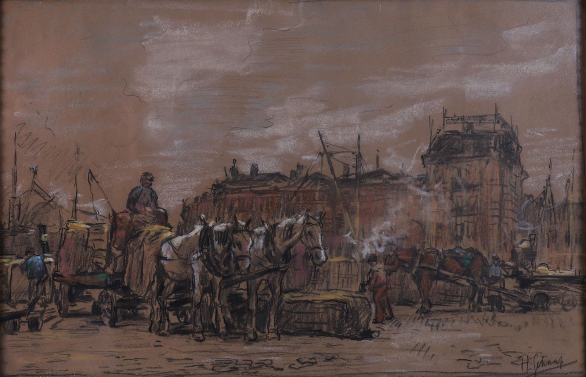 Schaap, Hendrik (Delft 1878-1955) 'Carts with horses at the harbour', - Bild 2 aus 4