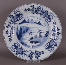 A blue and white porcelain lobed dish, China, Kangxi style, 19th C.