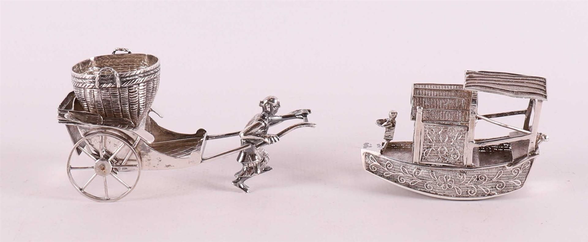 Etagere silver. A rickshaw with basket + boat, Indonesia, 20th century.