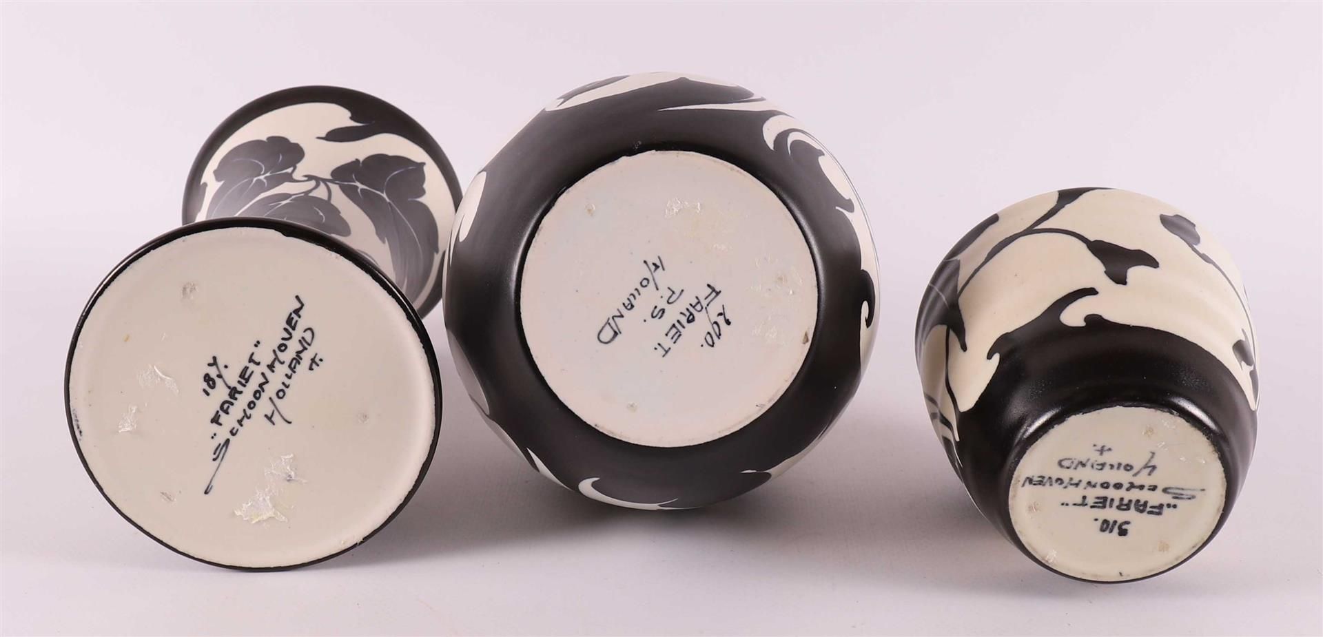 Three black and white earthenware vases, decor 'Fariet', ca. 1930. - Image 3 of 3