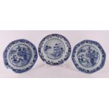 Three octagonal blue/white porcelain plates, China, Qianlong, 18th century.