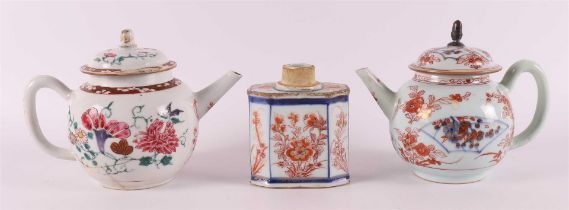 Two various porcelain teapots and a tea caddy, China, 18th century.