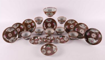 Seven famille rose porcelain cups and saucers, Batavia porcelain, China,