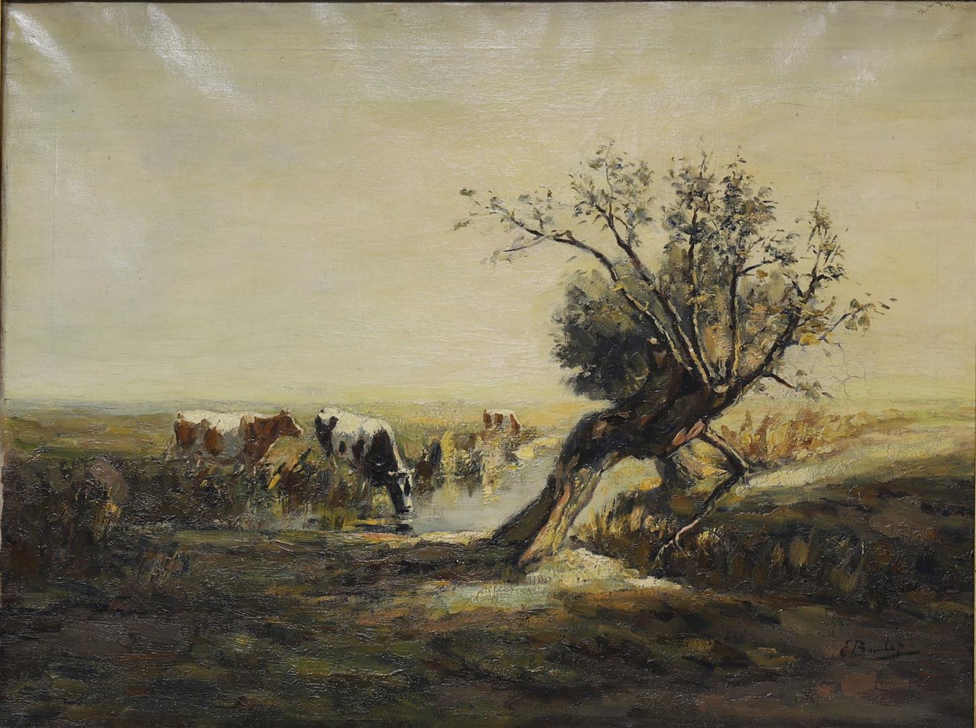 Bomhof, Evert (Zwolle 1886-1949) 'Pollar willow with cows in landscape', - Image 2 of 3