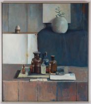 Nijmeijer, J. (Joop) (Hoogeveen 1941-2017) 'Still life with pharmacy pots'.
