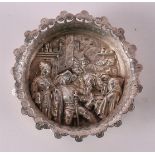 A silver plaque with embossed decor of a 16th century café scene, 20th century