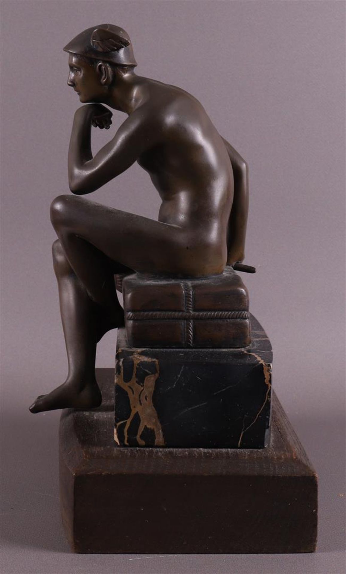 A bronze seated Hermes on cushion and marble base, ca. 1920 - Image 2 of 4