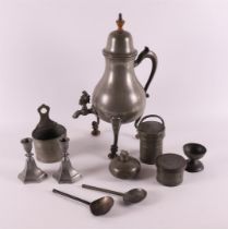 A lot of various tin, including tap jug, butter pot and candlesticks, including