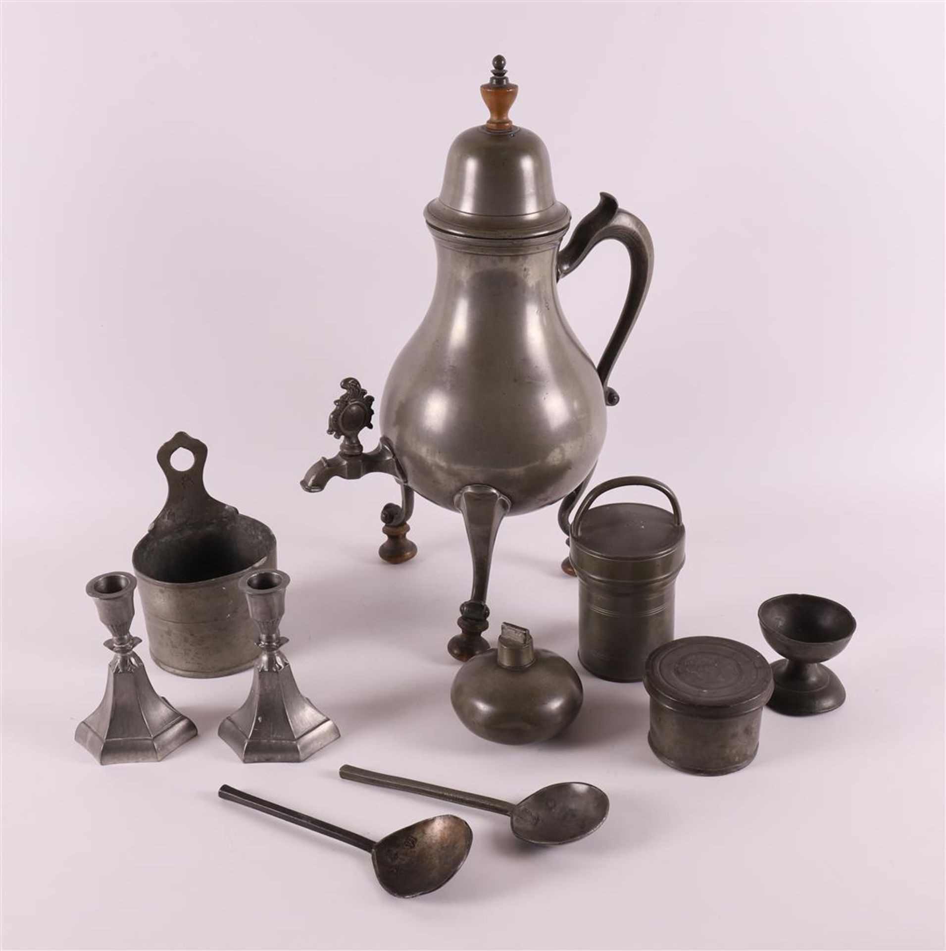 A lot of various tin, including tap jug, butter pot and candlesticks, including 