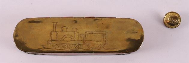 A red copper and brass tobacco box, 19th century.