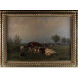 Mauve, Anthonie sr (Zaandam 1838-1888) 'Cows and a milkmaid in a landscape'.