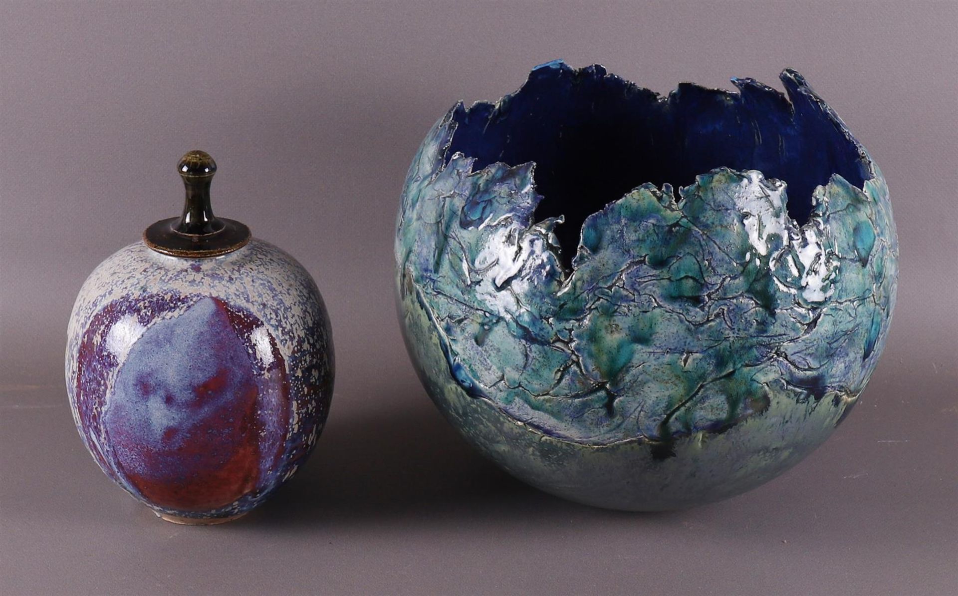 A white and purple/blue glazed earthenware lidded pot, Han Boerrichter.