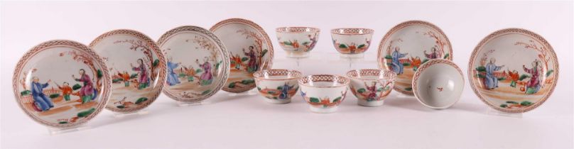 Six porcelain cups and saucers with Mandarin decor, China, Qianlong 18th century