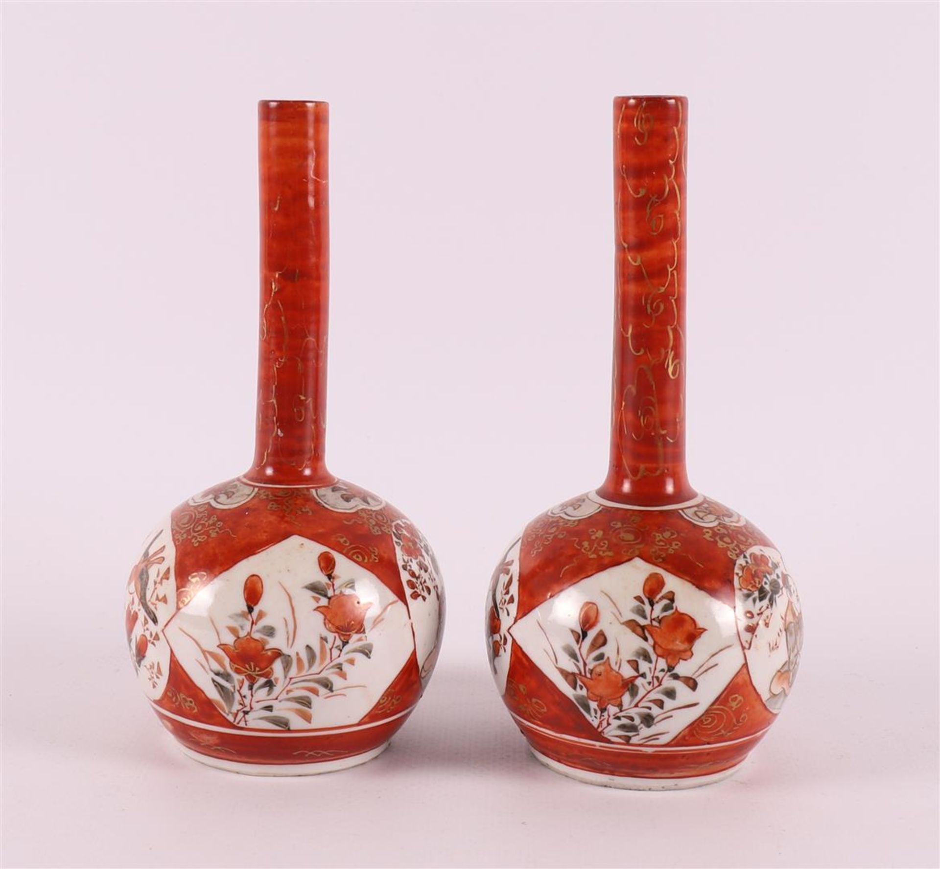A pair of polychrome decorated porcelain conical bottles, Japan, Kutani, Meiji, - Image 3 of 6