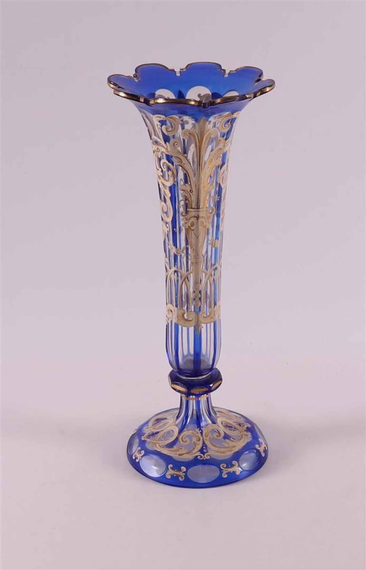 A faceted and olive cut clear glass and cobalt laminated glass vase, Bohemia, - Image 3 of 6