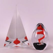 A pyramid-shaped glass object, signed: Jaroslav Svoboda.