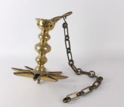 Judaica. A bronze Shabbat hanging oil lamp on chain.