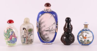 Five various snuff bottles, including enamel and glass, China, 20th century.
