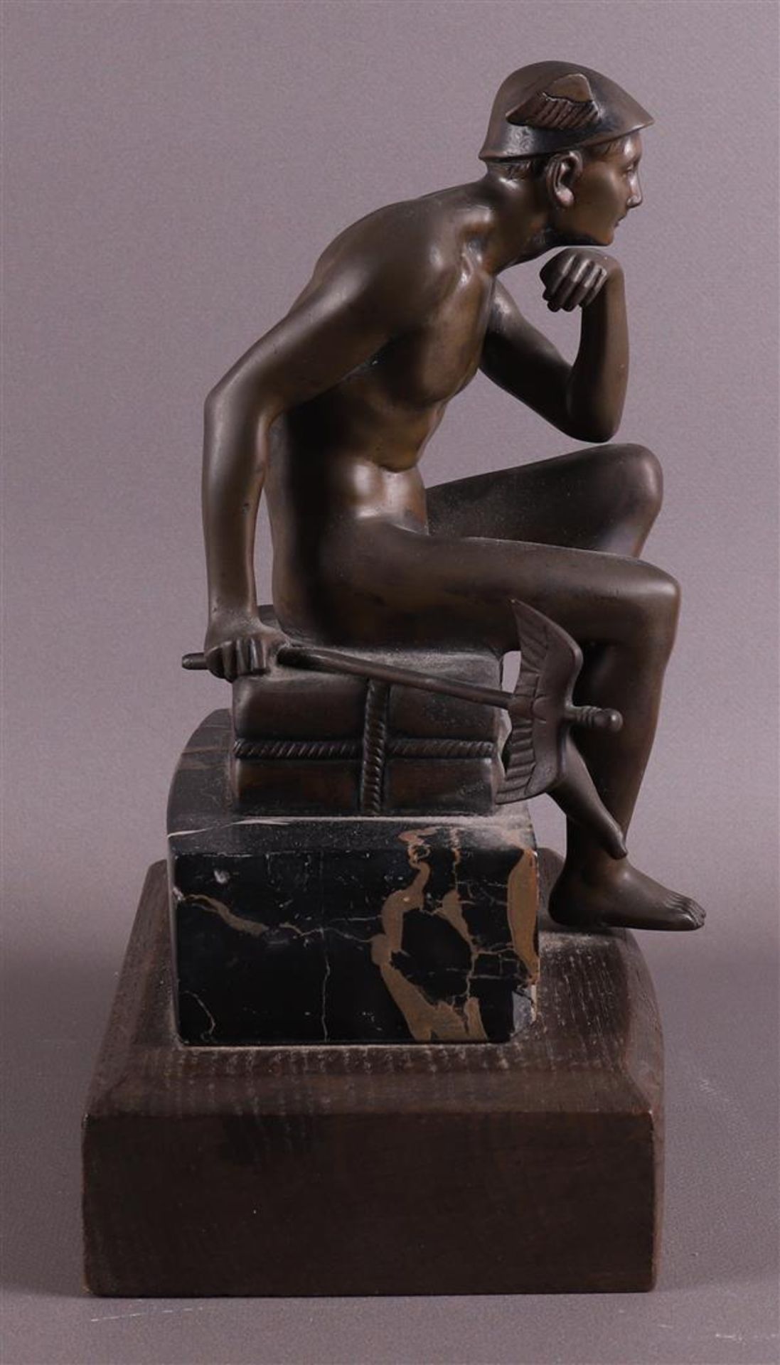 A bronze seated Hermes on cushion and marble base, ca. 1920 - Image 4 of 4