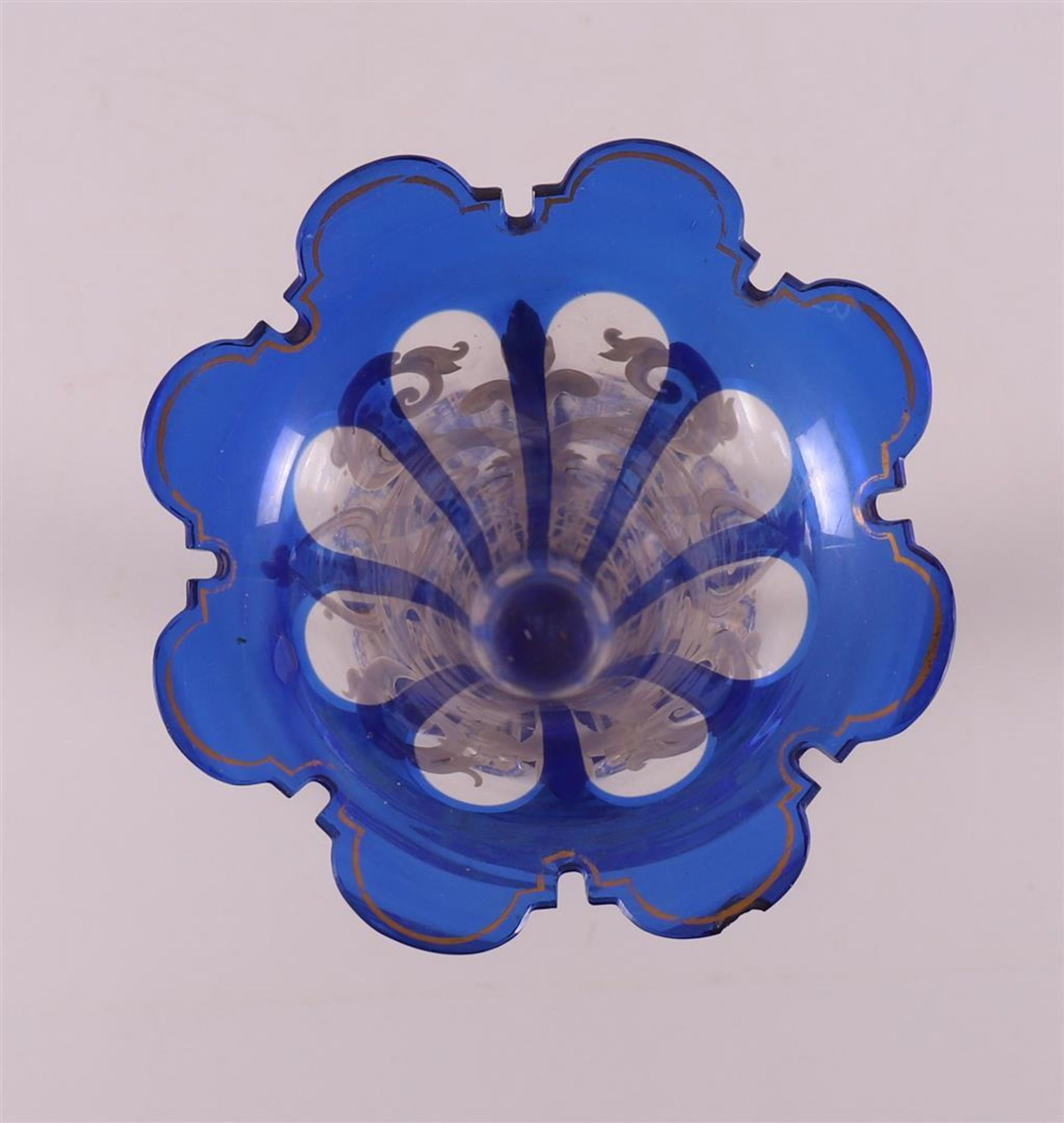 A faceted and olive cut clear glass and cobalt laminated glass vase, Bohemia, - Image 2 of 6