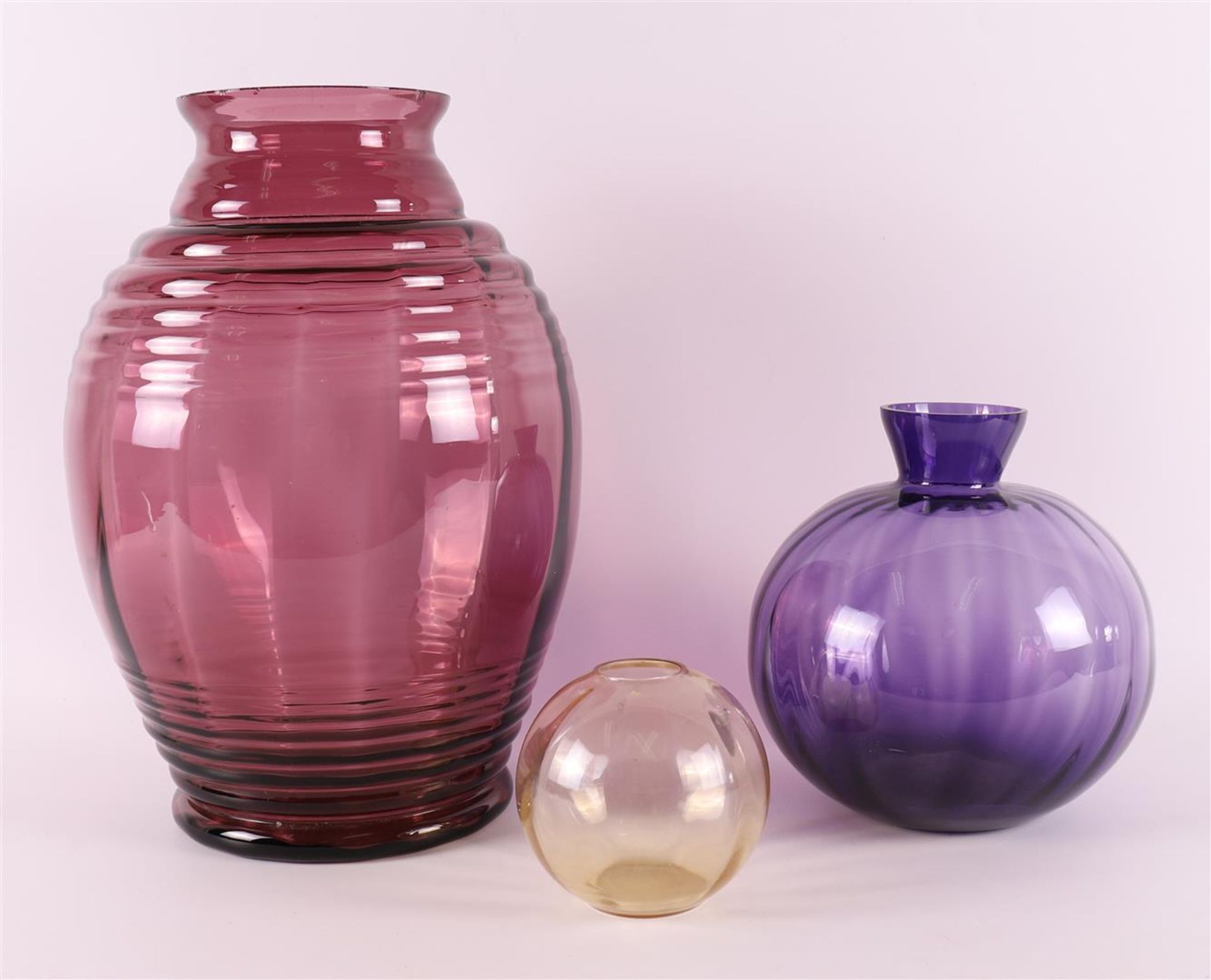 Three various optically blown glass vases, Belgium, Doyen glass factory, ca. 193