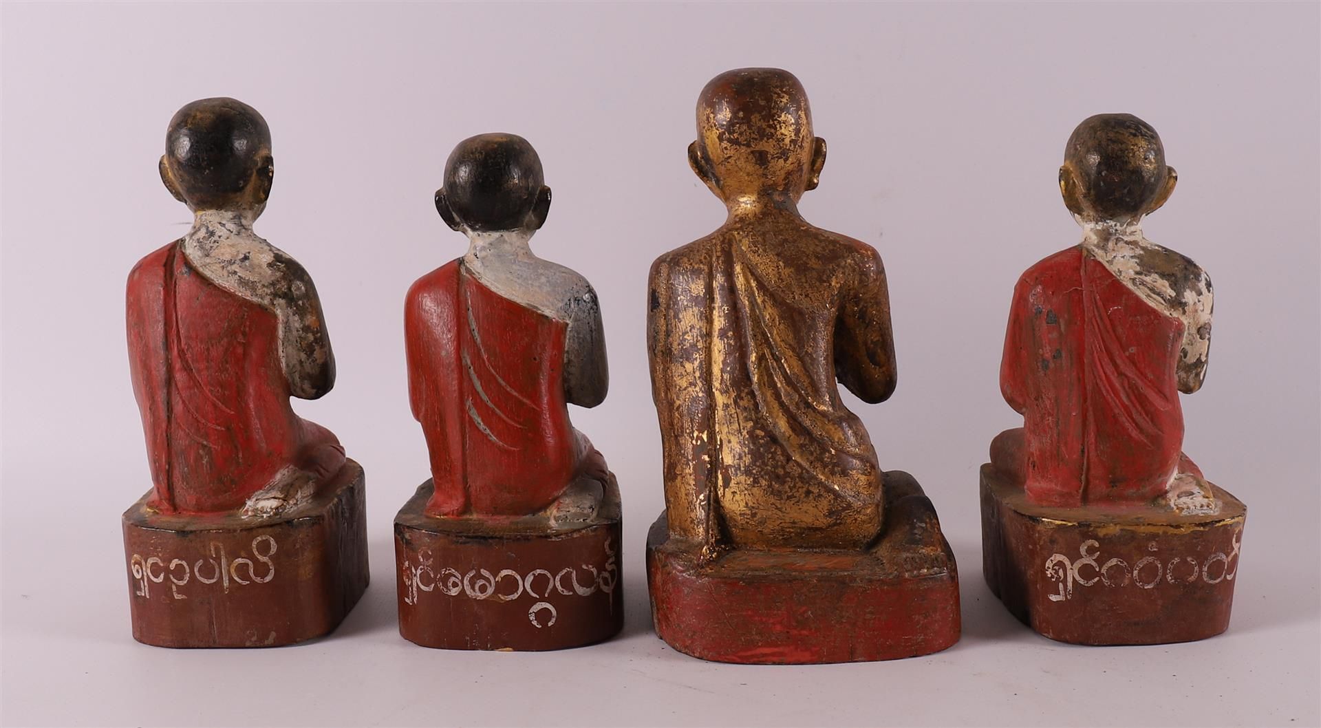 Four carved wooden Burmese Buddhist monks, 19th/20th century. - Image 2 of 5