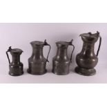 Four various white pewter valve jugs with acorn crown, England 18th century