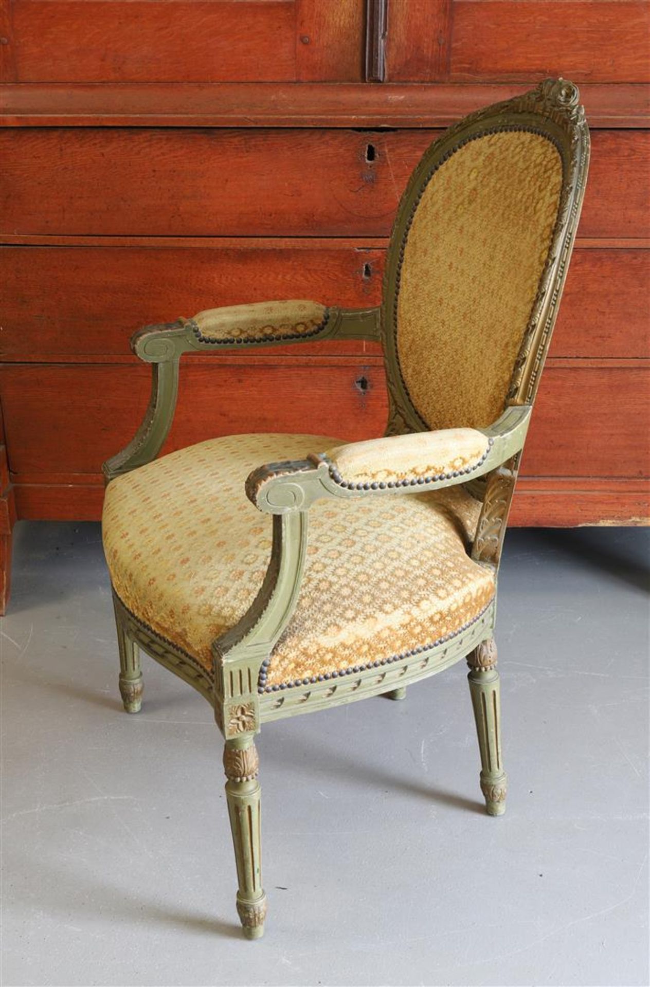 A ladies' armchair, Louis XVI with fabric upholstery, late 18th century. - Image 2 of 2