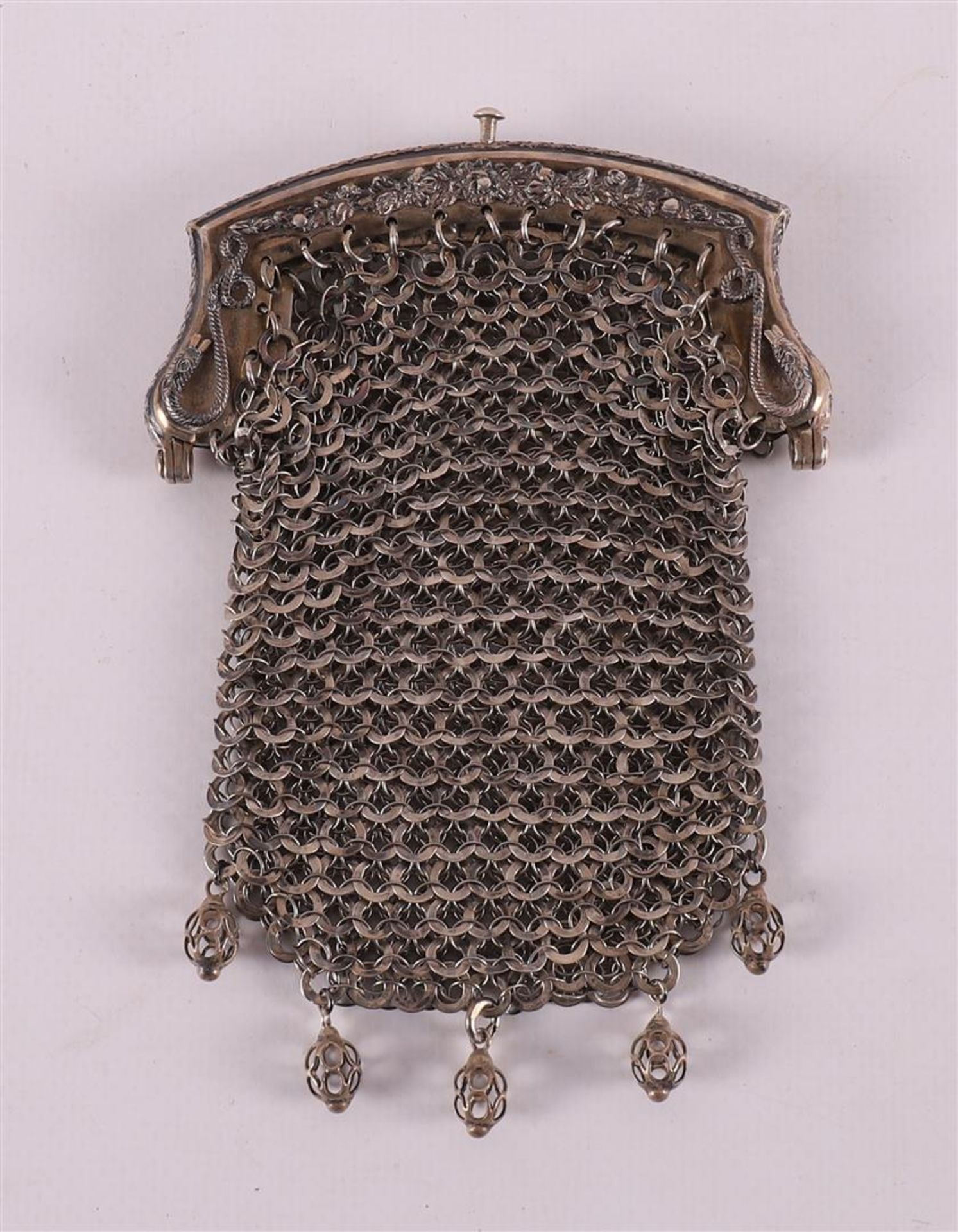 A second grade 835/1000 silver purse bracket on chain mail bag, year letter 1866