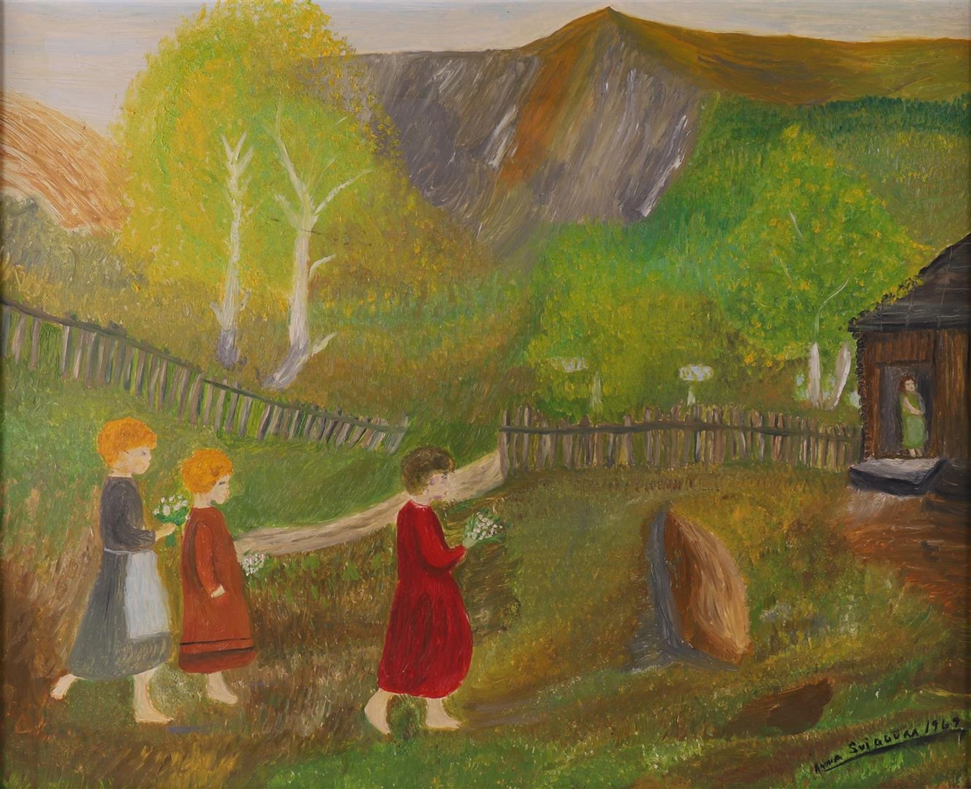 Scandinavian school 2nd half 20th century “Children in a garden”, - Image 2 of 3