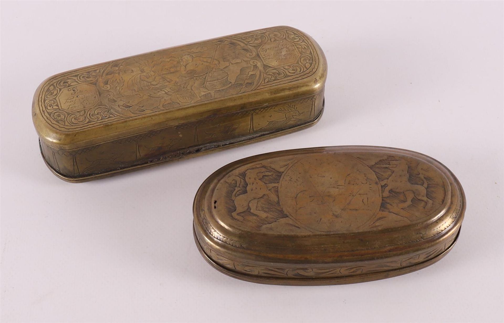 Two various brass tobacco boxes, 18th century.